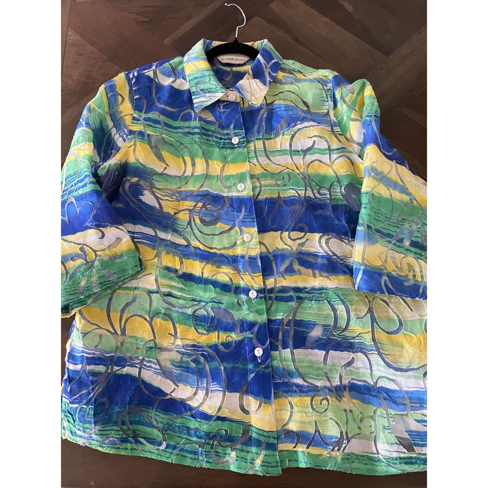 Women's Allison Daley Button Shirt Blue Yellow Green Rayon Polyester Size XL